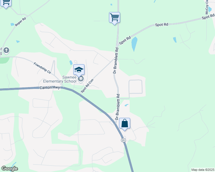 map of restaurants, bars, coffee shops, grocery stores, and more near 1565 Doctor Bramblett Road in Cumming