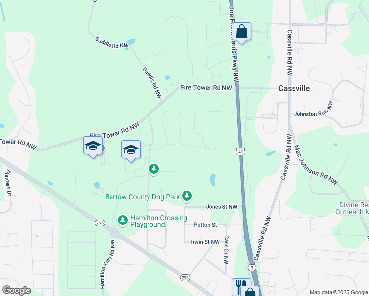 map of restaurants, bars, coffee shops, grocery stores, and more near Jane Boulevard in Bartow County