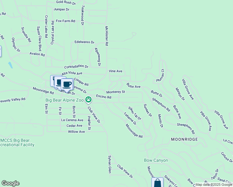 map of restaurants, bars, coffee shops, grocery stores, and more near 42965 Monterey Street in Big Bear Lake