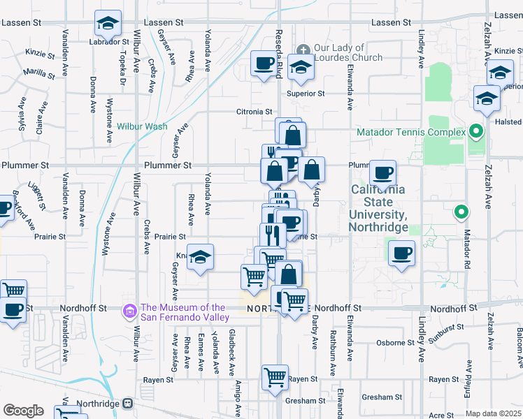 map of restaurants, bars, coffee shops, grocery stores, and more near 18520 Vincennes Street in Northridge