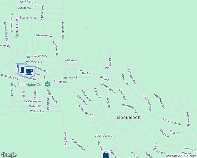 map of restaurants, bars, coffee shops, grocery stores, and more near 1090 Menlo Drive in Big Bear