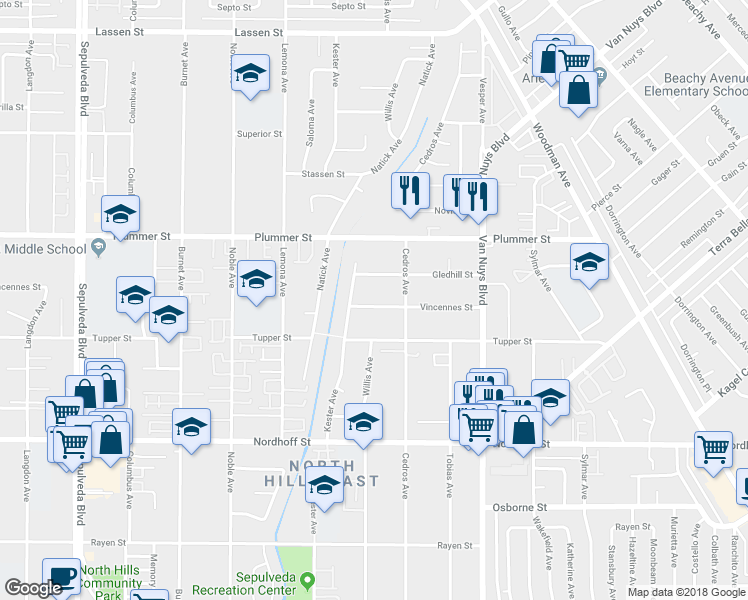 map of restaurants, bars, coffee shops, grocery stores, and more near 14739 Vincennes Street in Los Angeles