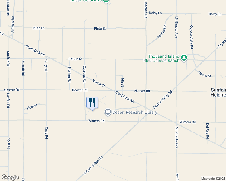 map of restaurants, bars, coffee shops, grocery stores, and more near Mars Street in Joshua Tree