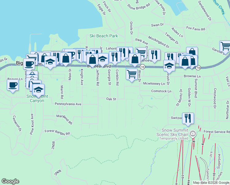 map of restaurants, bars, coffee shops, grocery stores, and more near 668 Conklin Road in Big Bear Lake