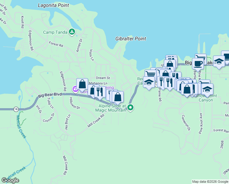 map of restaurants, bars, coffee shops, grocery stores, and more near 670 Temple Lane in Big Bear Lake