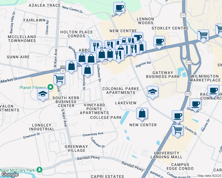 map of restaurants, bars, coffee shops, grocery stores, and more near 5028 Lamppost Circle in Wilmington