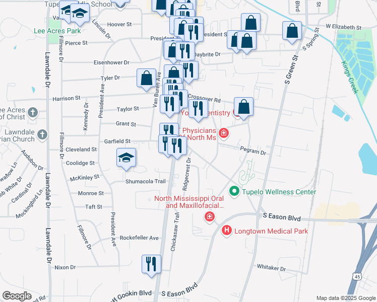 map of restaurants, bars, coffee shops, grocery stores, and more near 715 Garfield Street in Tupelo