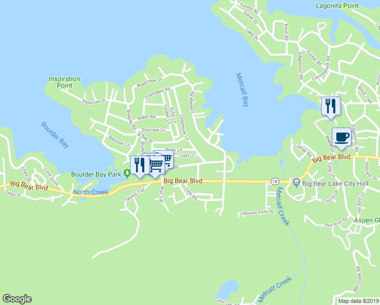 map of restaurants, bars, coffee shops, grocery stores, and more near 39309 Peak Lane in Big Bear Lake