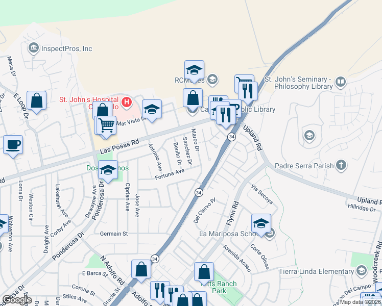 map of restaurants, bars, coffee shops, grocery stores, and more near 2206 Sanchez Drive in Camarillo