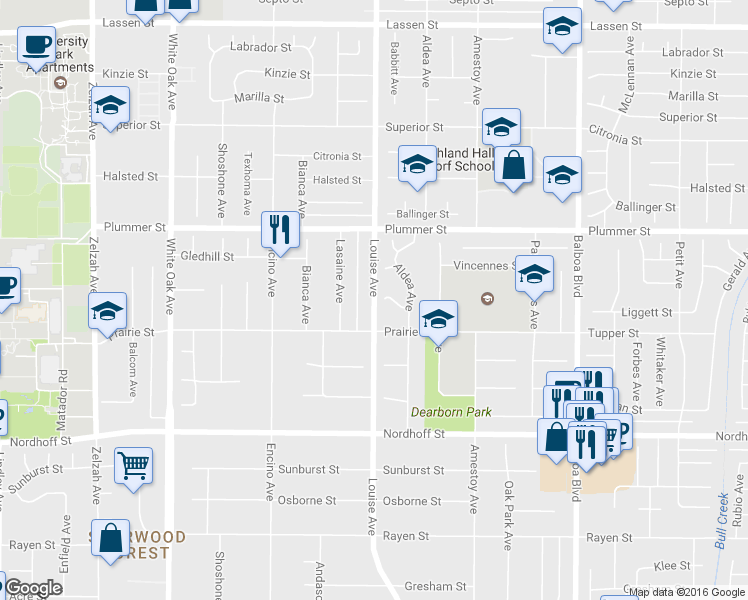 map of restaurants, bars, coffee shops, grocery stores, and more near 9478 Louise Avenue in Los Angeles
