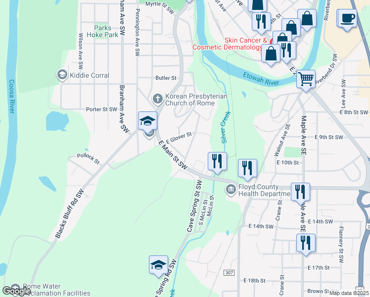 map of restaurants, bars, coffee shops, grocery stores, and more near 11 North Blanche Avenue in Rome