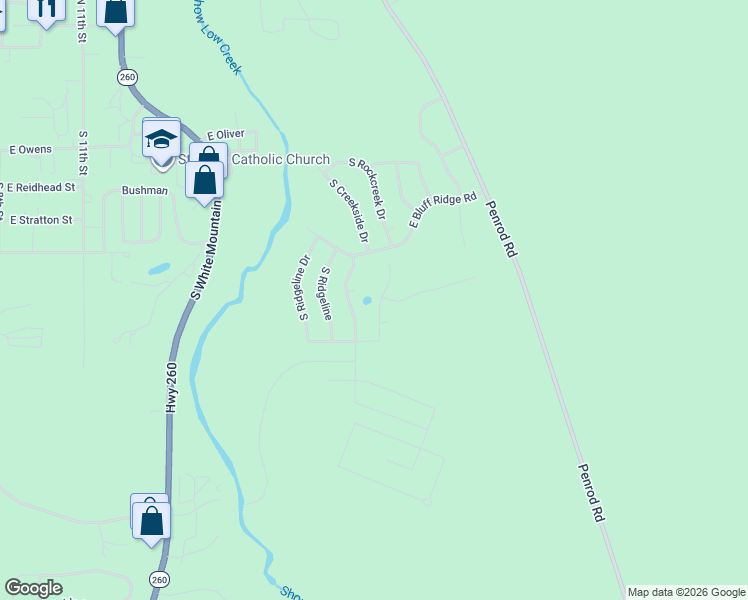 map of restaurants, bars, coffee shops, grocery stores, and more near 1020 South Ridgeway Place in Show Low
