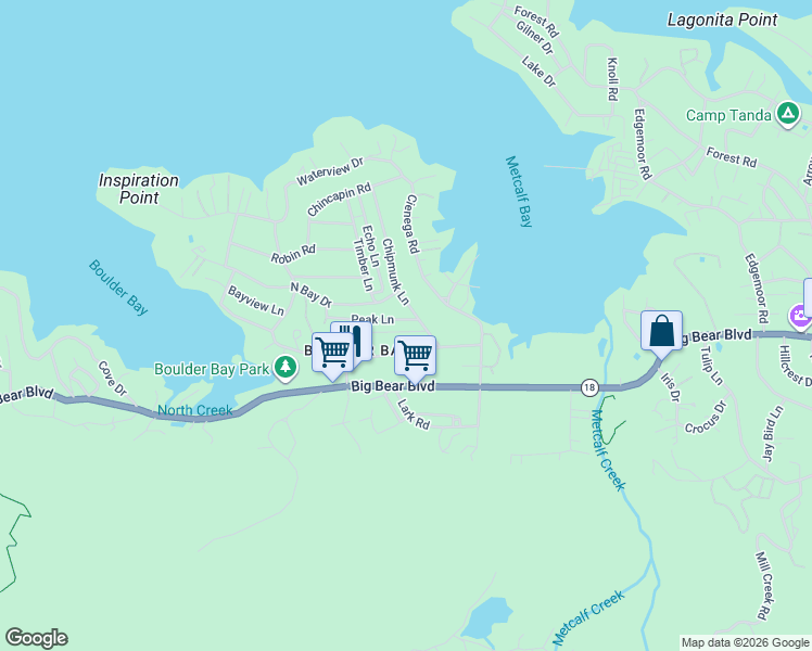 map of restaurants, bars, coffee shops, grocery stores, and more near 39309 Peak Lane in Big Bear Lake