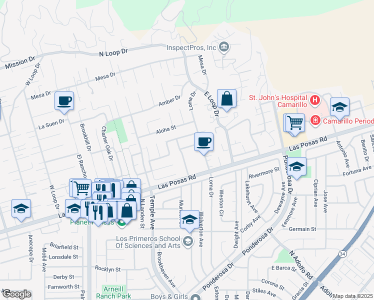 map of restaurants, bars, coffee shops, grocery stores, and more near 824 Merced Drive in Camarillo