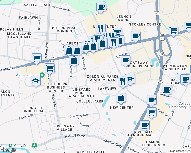 map of restaurants, bars, coffee shops, grocery stores, and more near 5034 Lamppost Circle in Wilmington