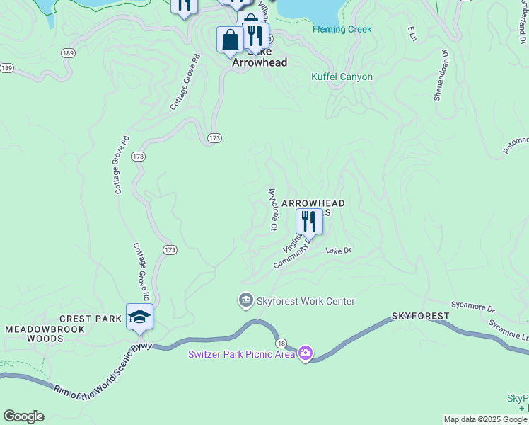 map of restaurants, bars, coffee shops, grocery stores, and more near 708 Pinnacle Drive in Lake Arrowhead