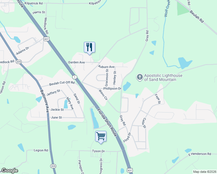map of restaurants, bars, coffee shops, grocery stores, and more near 101 Graceson Street in Albertville