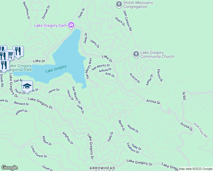 map of restaurants, bars, coffee shops, grocery stores, and more near Arbula Drive in Crestline