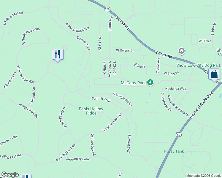 map of restaurants, bars, coffee shops, grocery stores, and more near 3011 W Young in Show Low