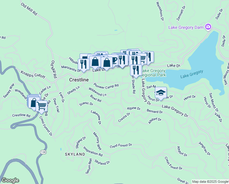 map of restaurants, bars, coffee shops, grocery stores, and more near 23961 Park Lane in Crestline