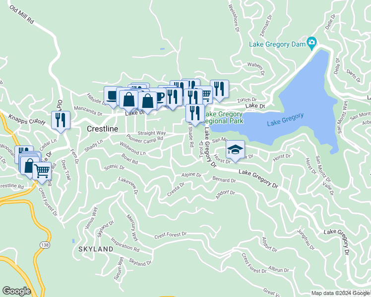 map of restaurants, bars, coffee shops, grocery stores, and more near 707 Rocky Loop in Crestline