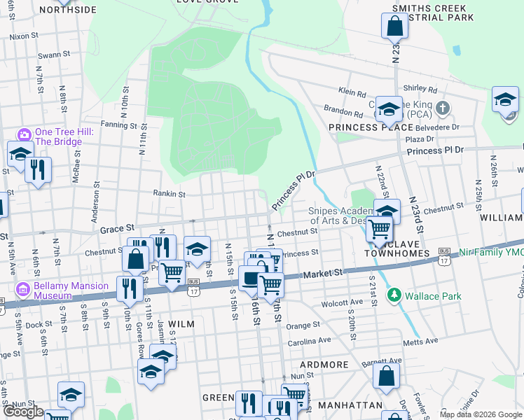 map of restaurants, bars, coffee shops, grocery stores, and more near 1619 Grace Street in Wilmington