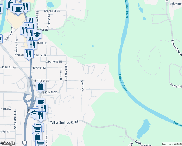 map of restaurants, bars, coffee shops, grocery stores, and more near 151 Vinings Court in Rome