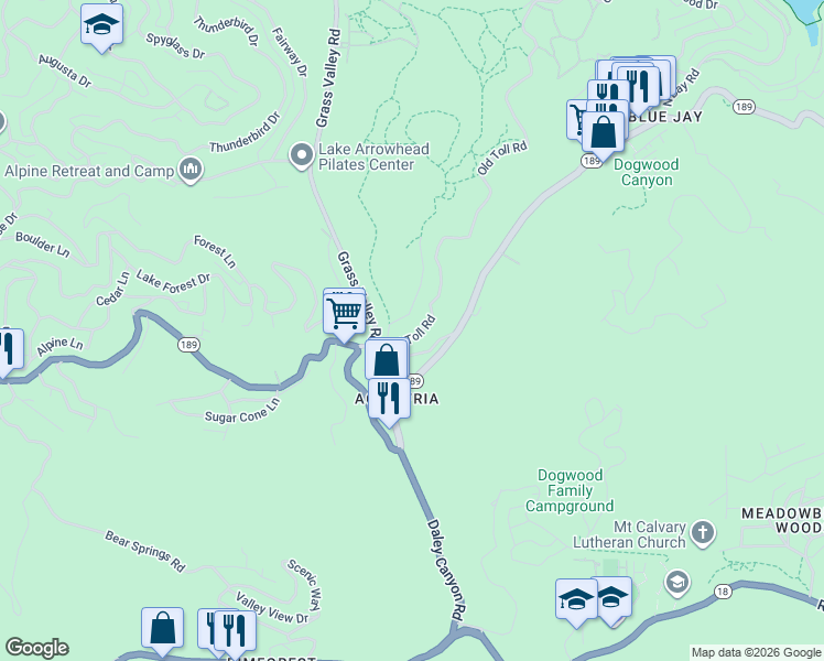 map of restaurants, bars, coffee shops, grocery stores, and more near 700 Old Toll Road in Twin Peaks