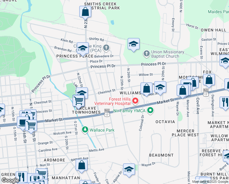 map of restaurants, bars, coffee shops, grocery stores, and more near 2410 Chestnut Street in Wilmington