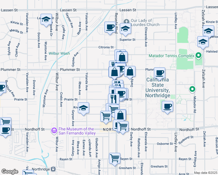 map of restaurants, bars, coffee shops, grocery stores, and more near 18520 Vincennes Street in Los Angeles