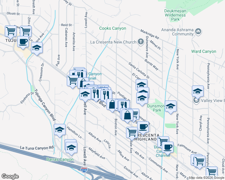 map of restaurants, bars, coffee shops, grocery stores, and more near 3813 Franklin Street in Glendale