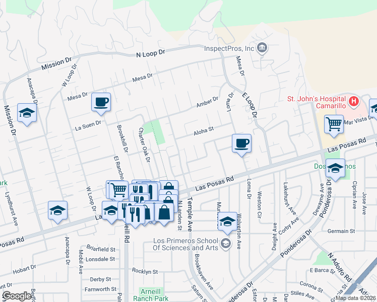 map of restaurants, bars, coffee shops, grocery stores, and more near 2242 Via Tomas in Camarillo
