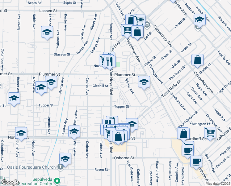 map of restaurants, bars, coffee shops, grocery stores, and more near 9346 Van Nuys Boulevard in Los Angeles