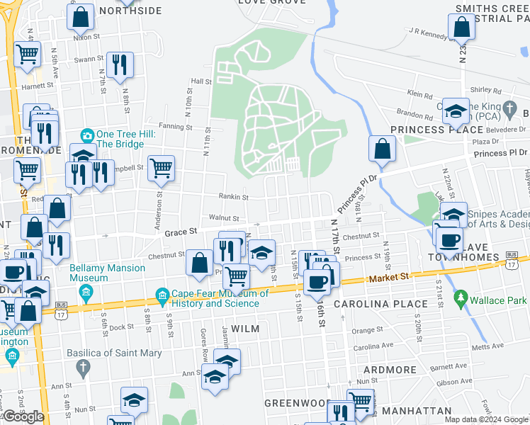 map of restaurants, bars, coffee shops, grocery stores, and more near 307 North 14th Street in Wilmington