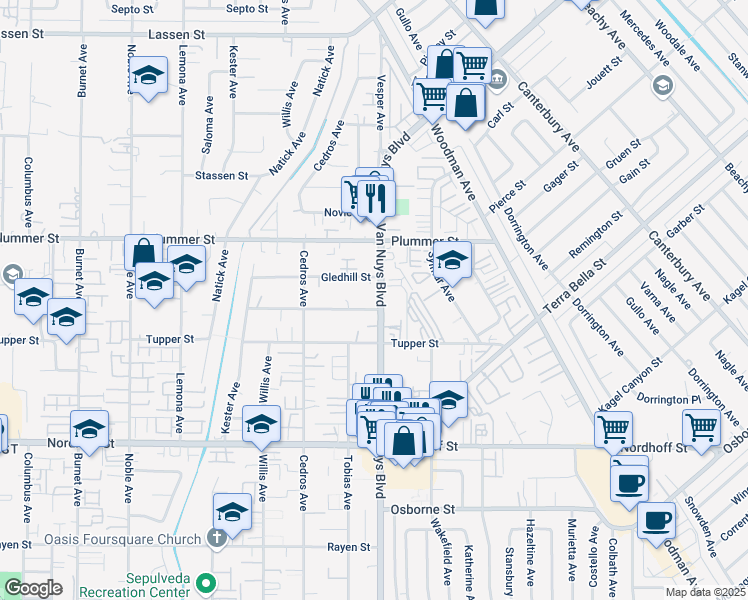 map of restaurants, bars, coffee shops, grocery stores, and more near 9353 Van Nuys Boulevard in Los Angeles