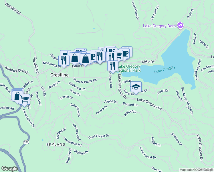 map of restaurants, bars, coffee shops, grocery stores, and more near 707 Rocky Loop in Crestline