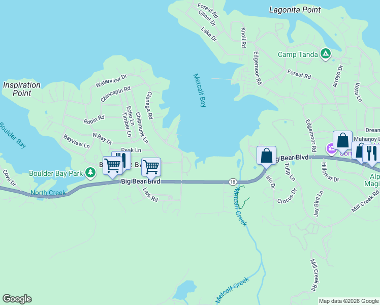 map of restaurants, bars, coffee shops, grocery stores, and more near 663 Cienega Road in Big Bear Lake