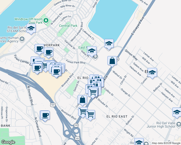 map of restaurants, bars, coffee shops, grocery stores, and more near 241 West Collins Street in Oxnard