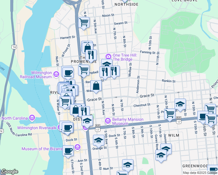 map of restaurants, bars, coffee shops, grocery stores, and more near 517 Walnut Street in Wilmington