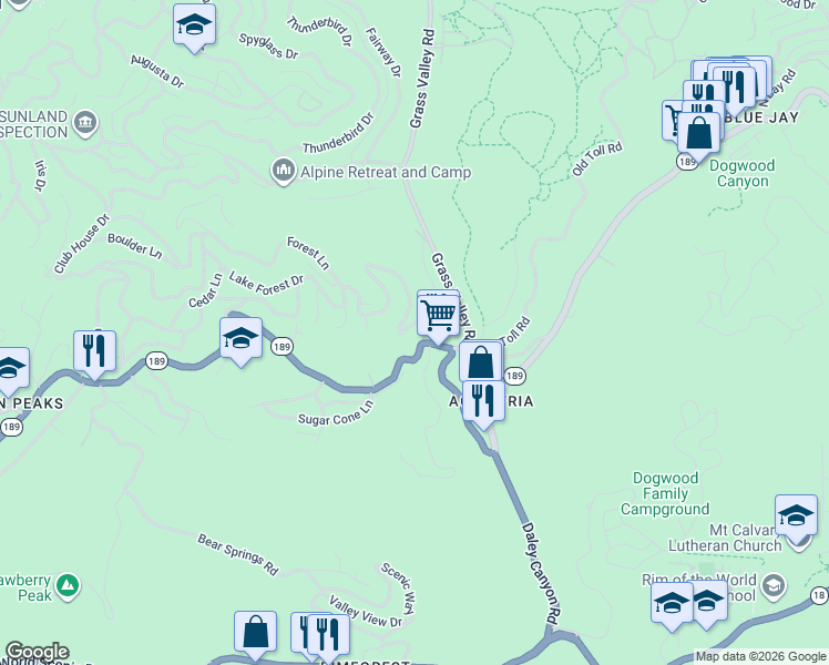 map of restaurants, bars, coffee shops, grocery stores, and more near 26716 California 189 in Twin Peaks