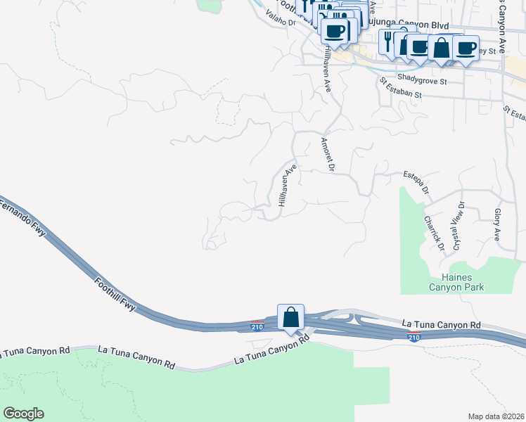 map of restaurants, bars, coffee shops, grocery stores, and more near Tranquil Drive in Los Angeles