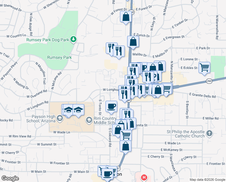 map of restaurants, bars, coffee shops, grocery stores, and more near 103 South Colcord Road in Payson