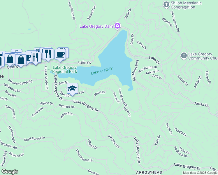 map of restaurants, bars, coffee shops, grocery stores, and more near 24293 Horst Drive in Crestline