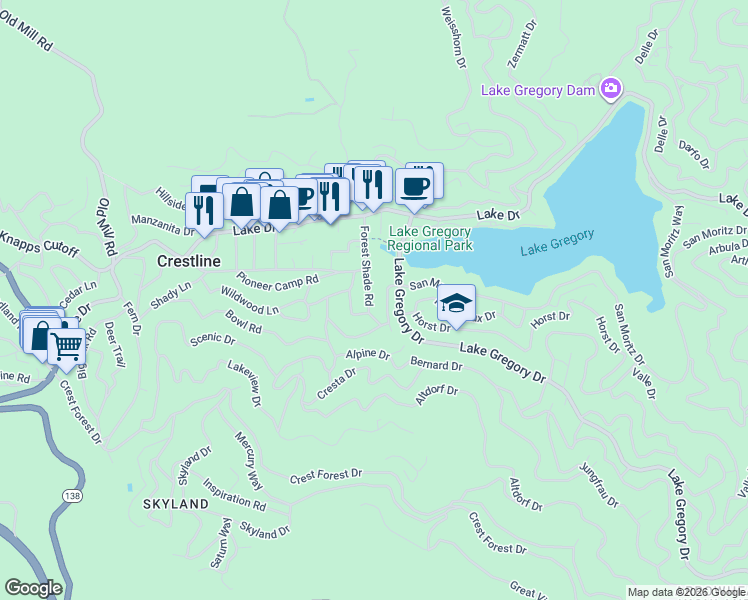 map of restaurants, bars, coffee shops, grocery stores, and more near 711 Forest Shade Road in Crestline