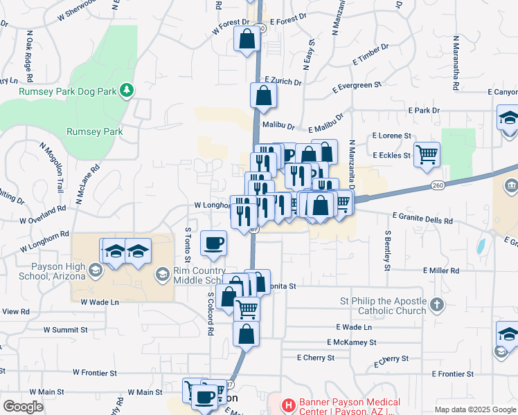map of restaurants, bars, coffee shops, grocery stores, and more near in Payson