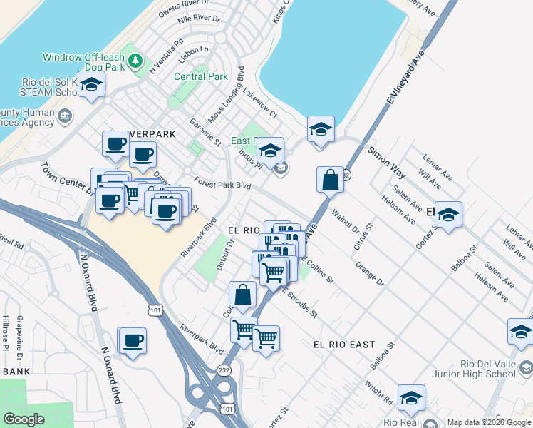 map of restaurants, bars, coffee shops, grocery stores, and more near 241 West Collins Street in Oxnard