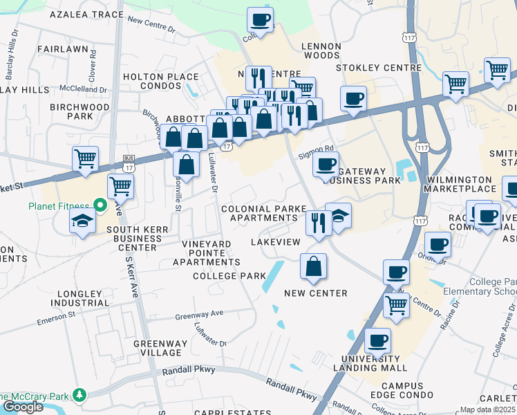 map of restaurants, bars, coffee shops, grocery stores, and more near 5040 Lamppost Circle in Wilmington