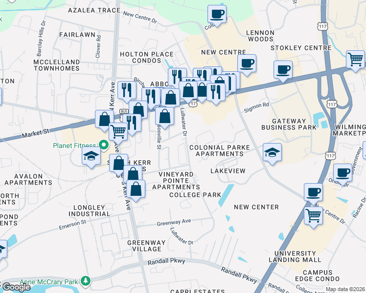 map of restaurants, bars, coffee shops, grocery stores, and more near 112 Lullwater Drive in Wilmington