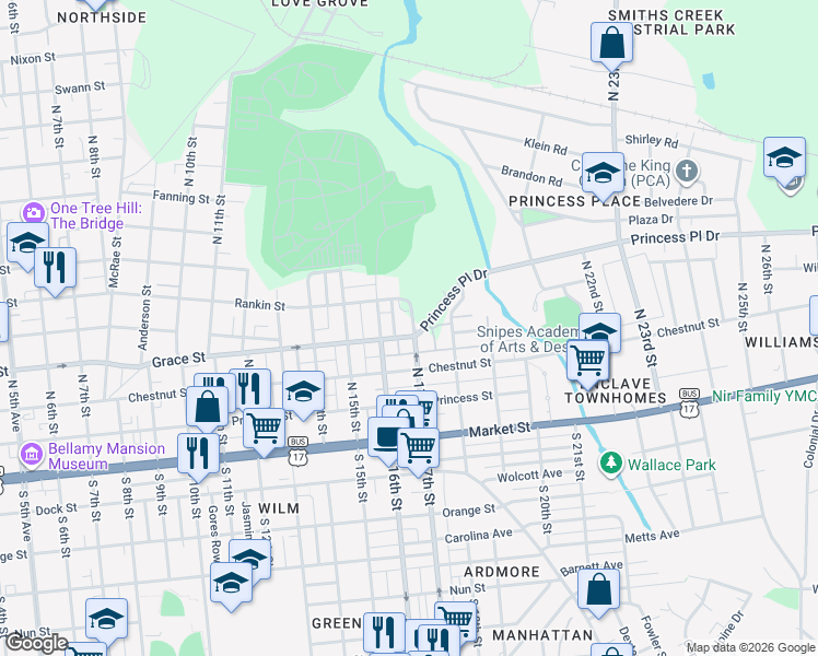 map of restaurants, bars, coffee shops, grocery stores, and more near 1619 Grace Street in Wilmington