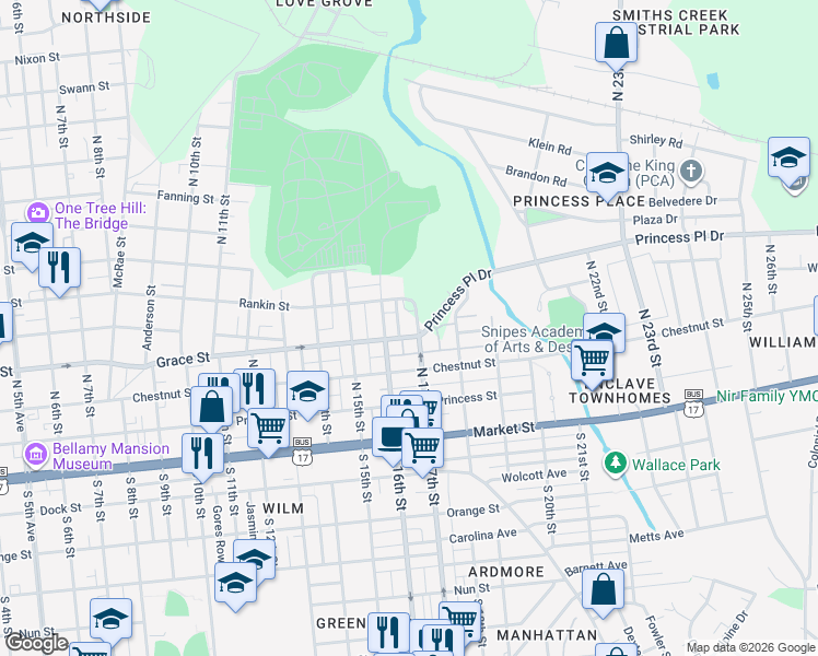 map of restaurants, bars, coffee shops, grocery stores, and more near 1619 Grace Street in Wilmington